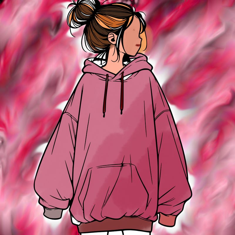 realistic girl with a oversized sweatshirt on and a bun