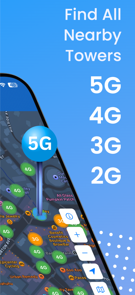 CellMapperアプリ内の5Gおよび4Gセルタワーの位置を示すインタラクティブマップ