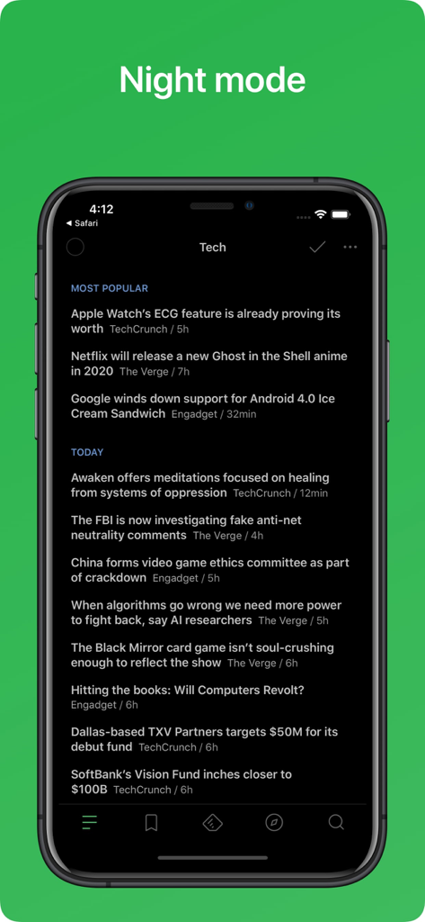 Feedly - Smart News Reader - Captura de pantalla de la aplicación Feedly mostrando el modo nocturno con tema oscuro con un feed curado de noticias tecnológicas en un dispositivo móvil.