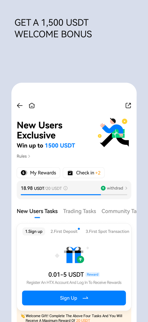 Interfaz de la aplicación móvil de HTX que muestra un bono de bienvenida de 1.500 USDT y tareas de registro para nuevos usuarios