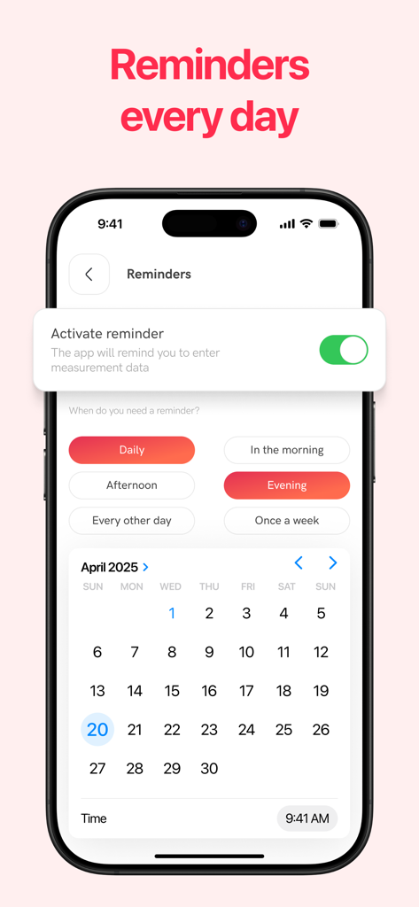 Interfaz de la aplicación Sugar - Rastreador de Glucosa que muestra opciones para programar recordatorios diarios y nocturnos para el monitoreo de la salud.