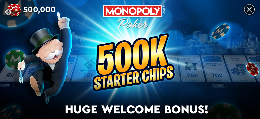 MONOPOLY Poker - Texas Holdem - Mr. Monopoly celebrating a 500k starter chips welcome bonus