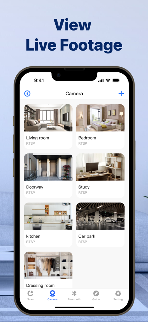 Home Security Camera App - Un écran de smartphone affichant l'application Home Security Camera App avec une grille de flux vidéo en direct de différentes pièces, y compris le salon, la chambre et la cuisine.