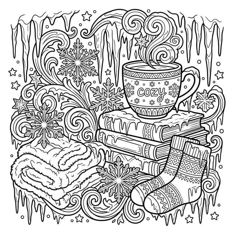 Dive into a world of frosty beauty and cozy comfort with this intricate adult coloring page. Featuring delicate ice formations, warm beverages, and snug elements, it's perfect for a relaxing weekend activity.