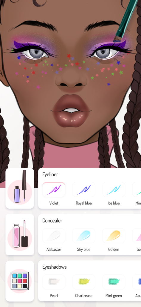 Makeup Studio: Pro Sketchbook - A digital face chart in the Makeup Studio app featuring a model with purple eyeliner, star-shaped freckles, and a makeup selection menu.