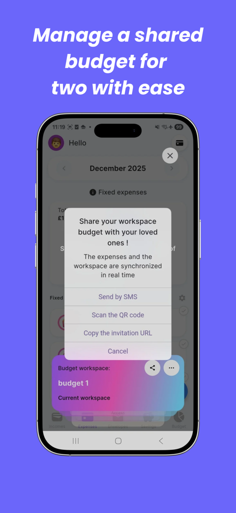 Finzee app screen displaying options to share a budget workspace for two with a partner via SMS or QR code.