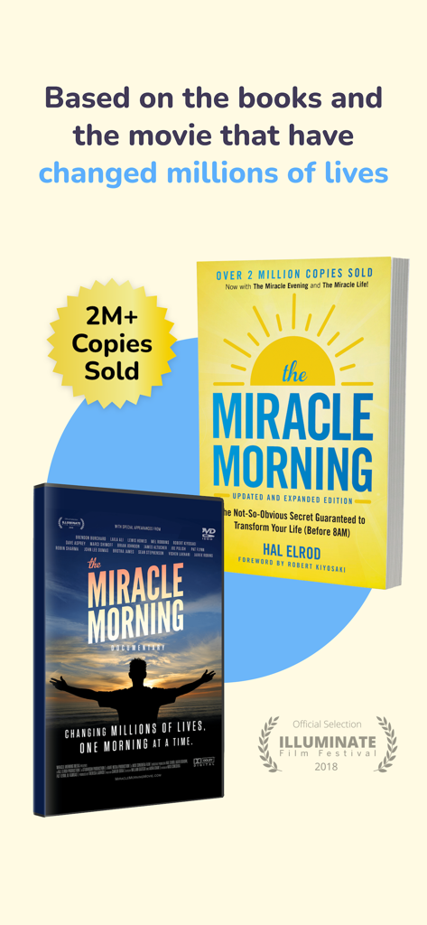Miracle Morning Routine - 200万部以上販売されたバッジが付いたミラクルモーニングの本の表紙とドキュメンタリー映画のポスター