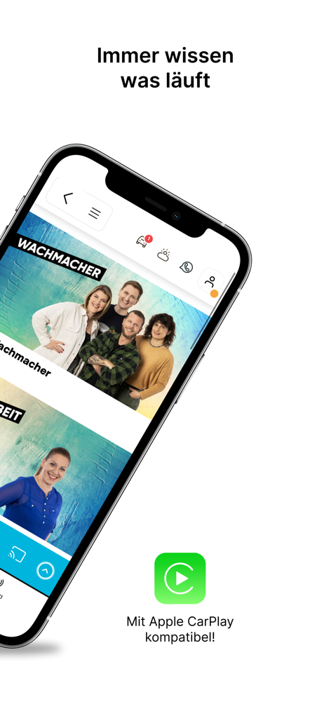 Interfaz de la aplicación Radio FM1 en un smartphone destacando la compatibilidad con Apple CarPlay