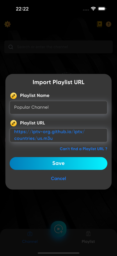 IPTV Player Pro - Smart TV - Oberfläche zum Importieren einer M3U-Playlist-URL in der IPTV Player Pro App