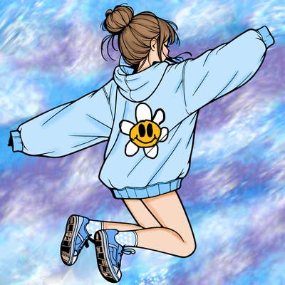 realistic girl jumping with a bun and oversized sweatshirt