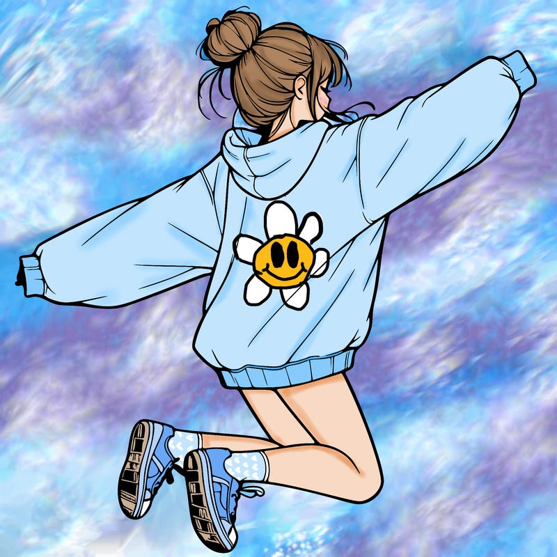 realistic girl jumping with a bun and oversized sweatshirt