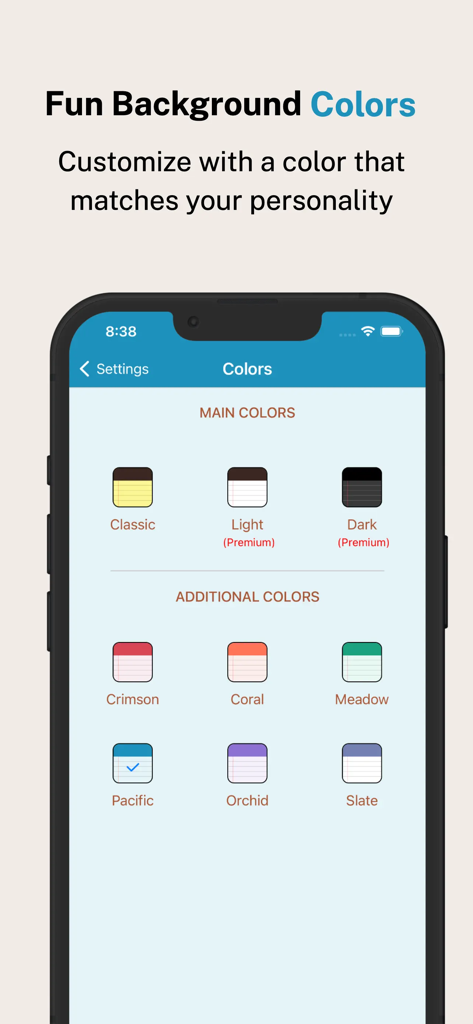 Notepadアプリの背景に、Crimson CoralやMeadowなどのさまざまなカラーテーマオプションが表示されたiPhone画面。