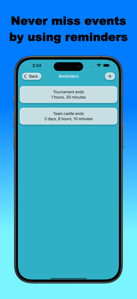 Master of spin and coin - Master of spin and coin app showing a list of event reminders for game tournaments and team castle ends