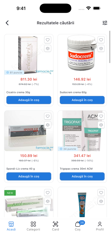 Farmacie.md - Schermata dei risultati di ricerca nell'app Farmacie.md che mostra vari prodotti per la salute e la cura della pelle con prezzi e pulsanti di acquisto