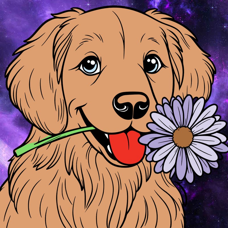 a golden retriever with a daisy in his mouth