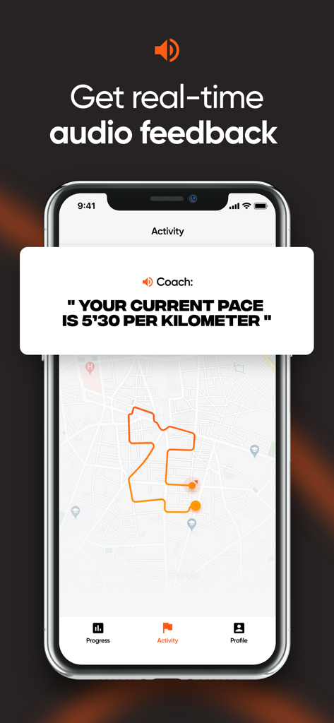 Running Coach - Run & Walk - A smartphone showing the Running Coach app with a coach's audio feedback message and a GPS run route on a map