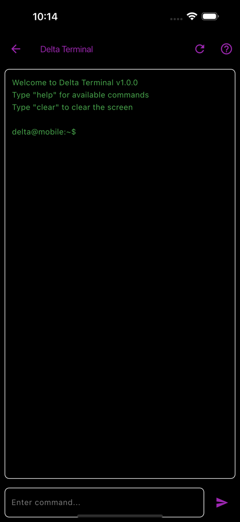 Delta - Game Collection - Interfaz de terminal móvil de la aplicación Delta Executor con un prompt de línea de comandos con texto verde sobre un fondo oscuro.