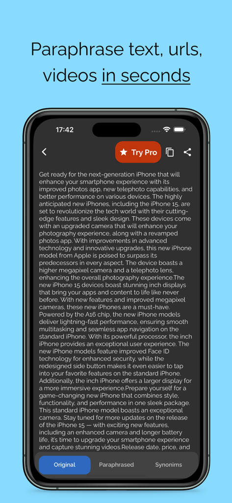 iPhone画面に表示された、iPhone 15に関する元のテキストが表示されている言い換えツールアプリのインターフェイス。