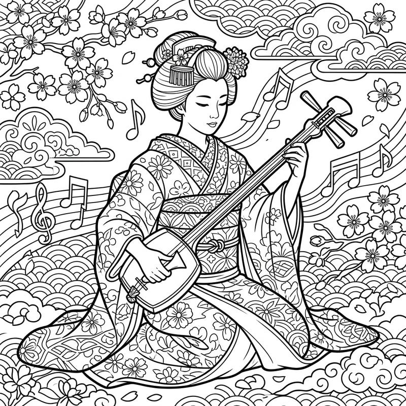Discover the serene beauty of Japanese culture with this exquisite Maiko Shamisen Player coloring page. Delve into the intricate details of her kimono, instrument, and the enchanting background of blossoms and music.