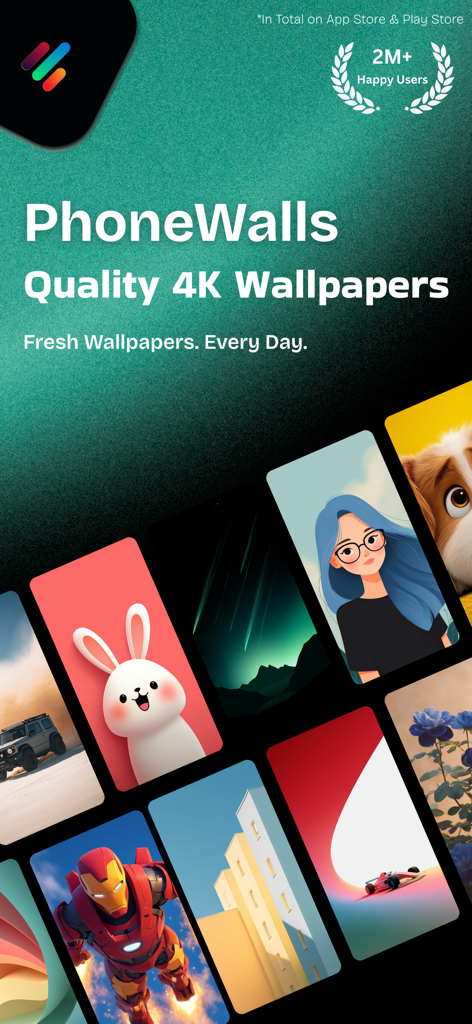 4K Wallpapers - PhoneWalls HD - Vista previa de la aplicación PhoneWalls que muestra una colección de fondos de pantalla 4K estéticos para la personalización del iPhone