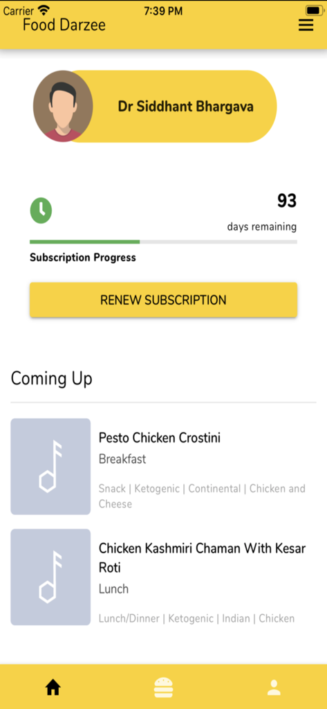 Food Darzee - Food Darzee mobile app dashboard showing subscription progress and upcoming personalized meals
