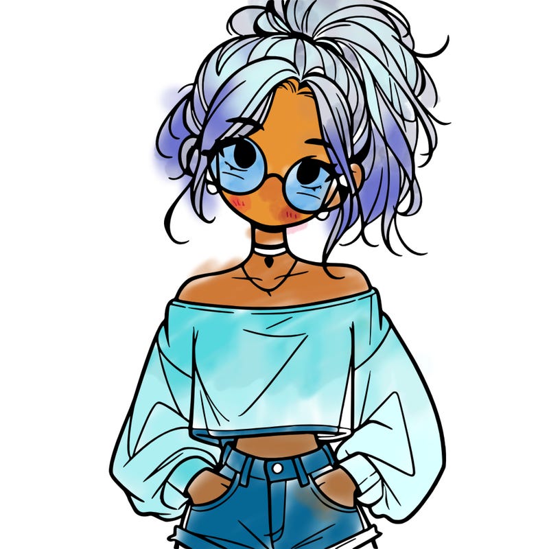girl with a messy ponytail glasses a baggy crop top and jean shorts