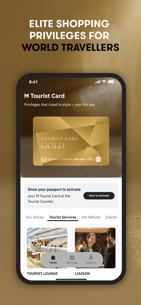 M Tourist Thailand - M Tourist Thailand app screen showcasing the Gold Tourist Card and elite shopping services for travellers.