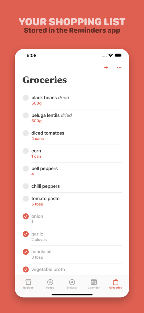 Mela - Recipe Manager - Mela app grocery list screen showing ingredients and quantities with checkboxes