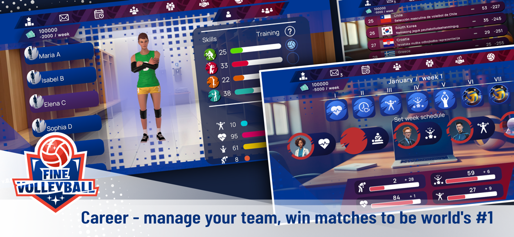 Fine Volleyball - Screenshots of the Fine Volleyball mobile game showing player customization and career mode team management interfaces