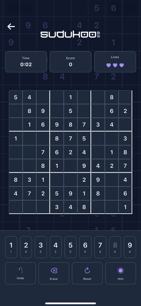 Interfaz de juego de Sudoku moderno con tema de modo oscuro y diseño minimalista limpio