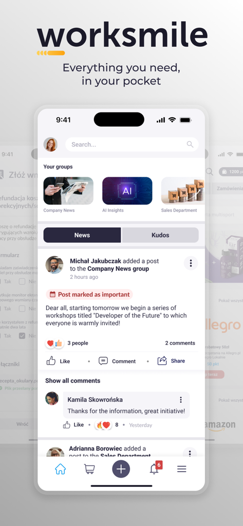 Worksmile mobile app interface showing a corporate news feed with employee announcements and group categories like Company News and AI Insights.