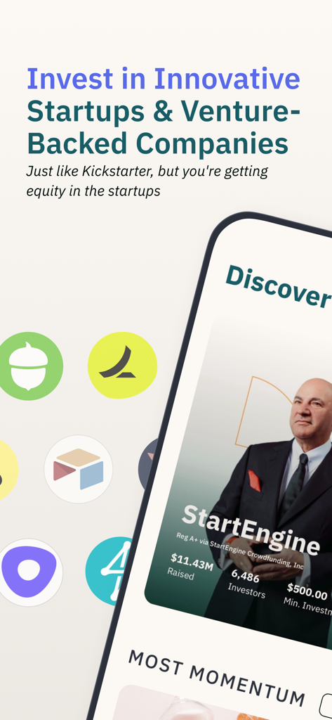 Interfaz de la app StartEngine mostrando oportunidades de inversión en startups con Kevin O Leary