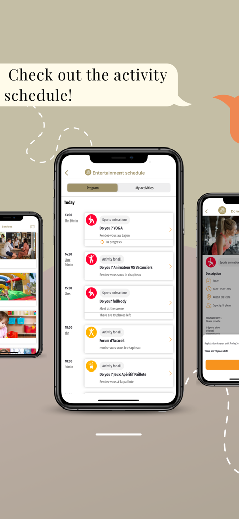 Mobile screen of the Sandaya app displaying a daily entertainment and activity schedule for a luxury campsite.