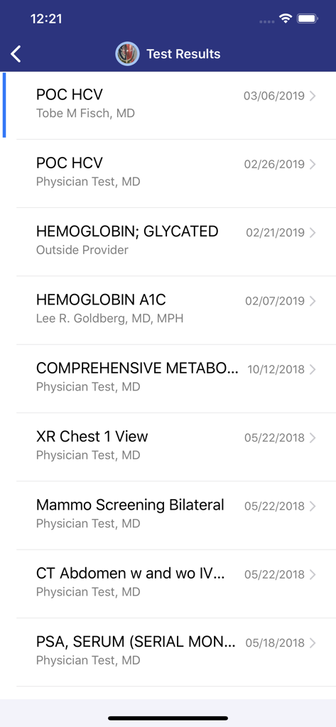 A list of medical test results in the myPennMedicine app patient portal interface.
