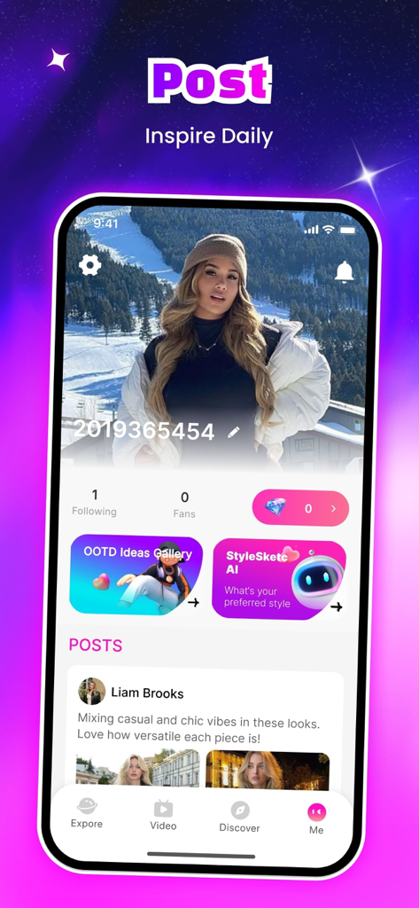 Fufi – Fashion, Video, Share - User profile screen of the Fufi fashion app displaying posts and AI style assistant features