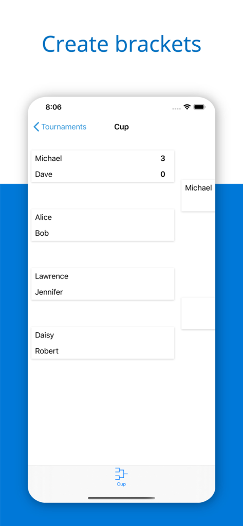 Tournament Maker - Bracket - iPhone 화면에 선수 이름과 경기 점수가 포함된 토너먼트 컵 대진표가 표시된 모습