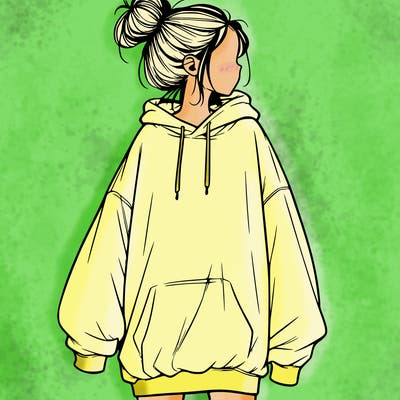 realistic girl with a oversized sweatshirt on and a bun