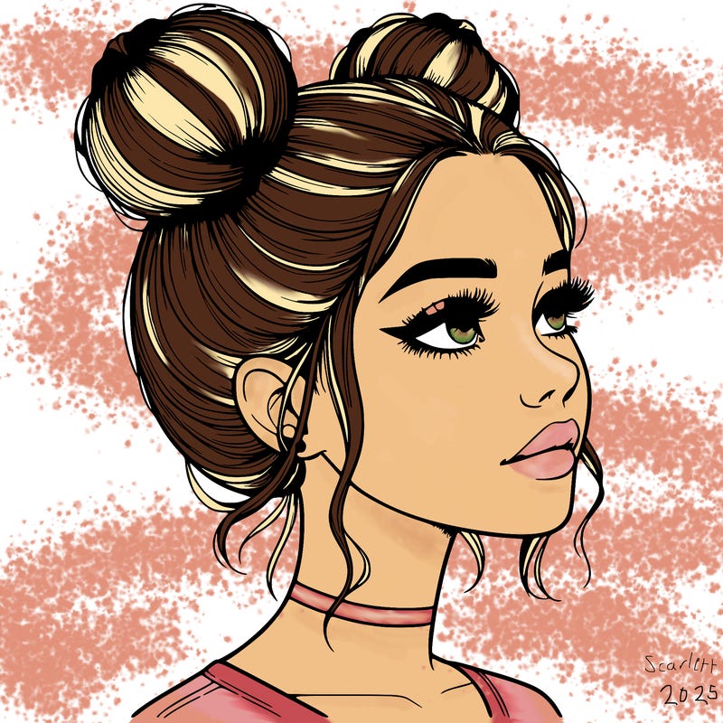 realistic girl with buns on the top of her head