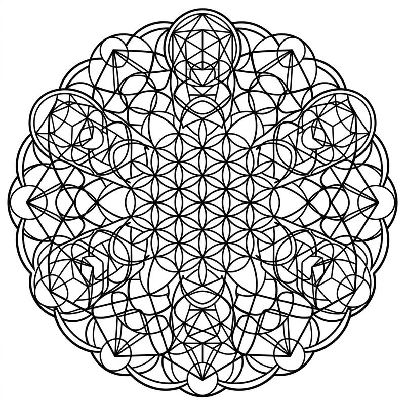 Dive into the mesmerizing world of sacred geometry with this intricate mandala coloring page. Featuring fundamental patterns like the Flower of Life, it offers a deeply calming and creative experience.