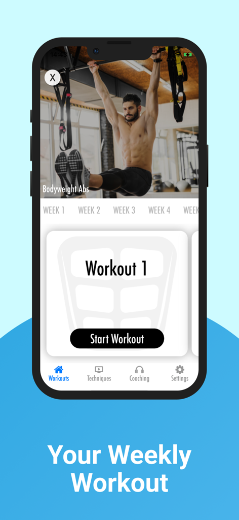 Home Abs & Core Workouts - A mobile app interface displaying a weekly bodyweight abs workout schedule