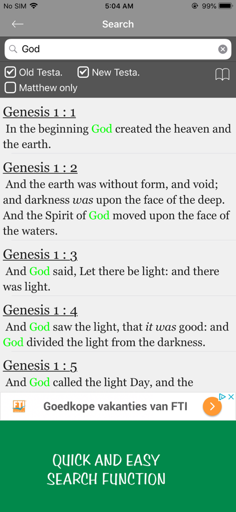 Search results for the word God within the Smiths Bible Dictionary mobile app showing verses from Genesis.