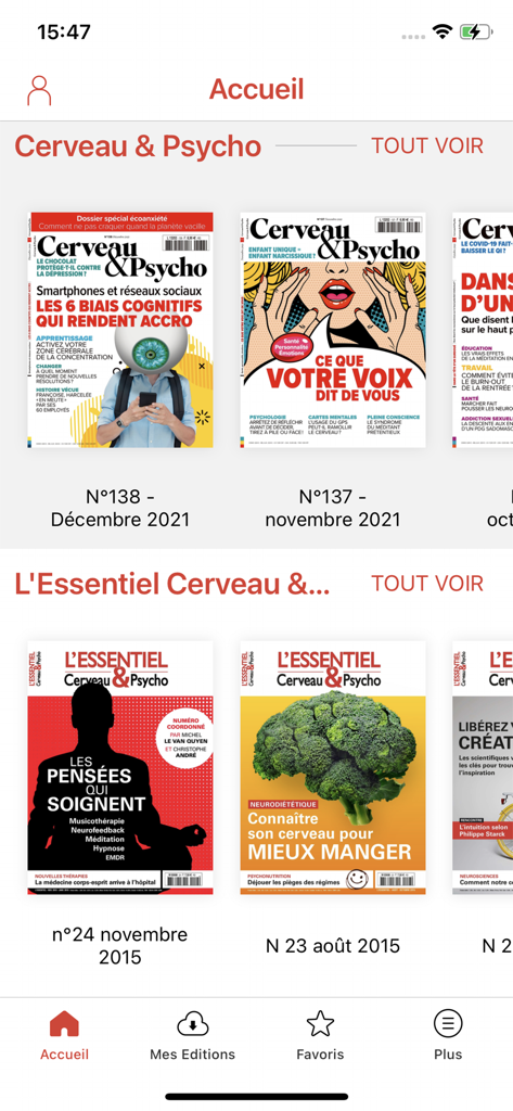 Cerveau & Psycho - Home screen of the Cerveau and Psycho app displaying a library of psychology and neuroscience magazine covers.