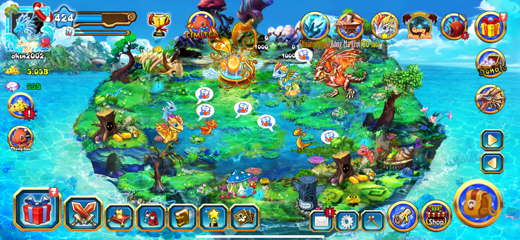 Interface of Đảo Rồng Mobile showing dragons on a tropical island with game menus.