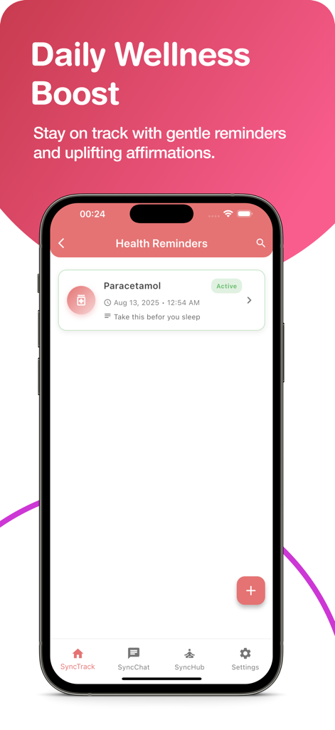 Pantalla de smartphone que muestra la función HerSync Health Reminders para el seguimiento diario del bienestar.