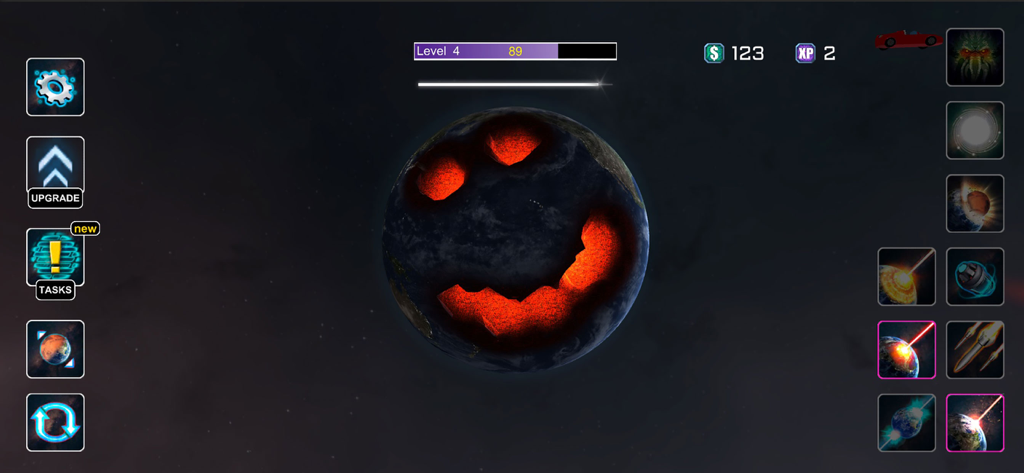 Planet Smash Destruction Games - A screenshot of Earth being destroyed with lava craters forming a smiley face in Planet Smash Destruction Games.