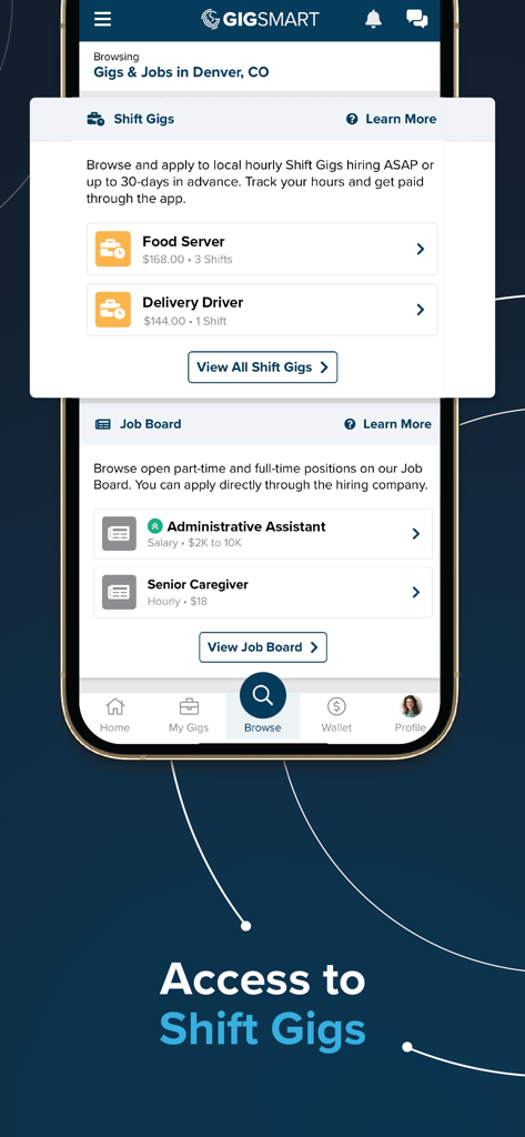 GigSmart app interface showing available shift gigs for food servers and delivery drivers in Denver