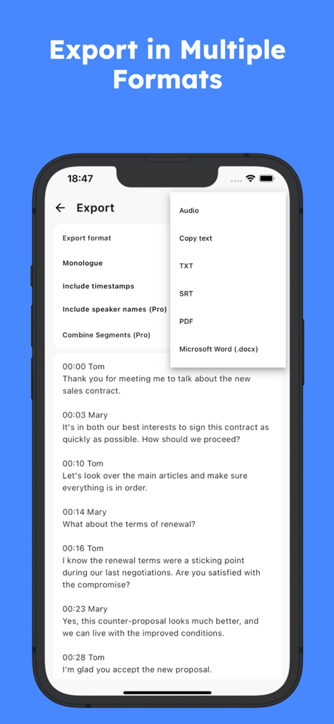 SoundType AI - Voice To Text - SoundType AI app screen showing export options for transcriptions including PDF Word and SRT formats