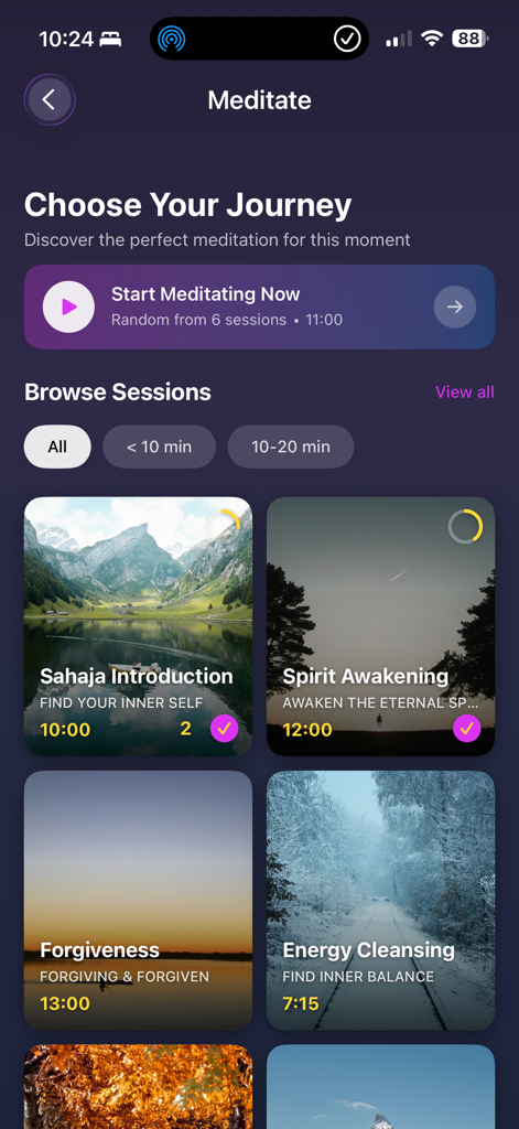 SahajaYoga-Meditation - Interfaz de la aplicación SahajaYoga mostrando sesiones de meditación como Despertar Espiritual y Limpieza de Energía.
