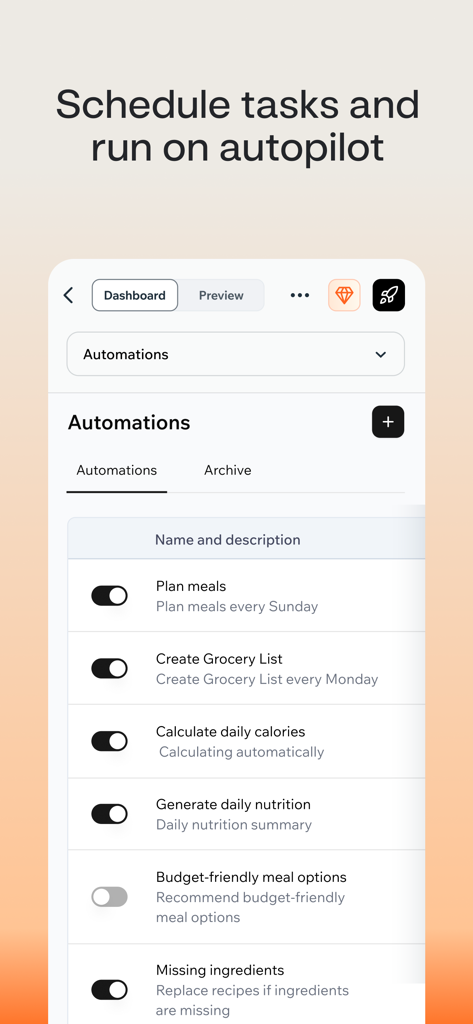 Base44: Build with AI - Mobile app interface of Base44 showing a dashboard for scheduling automated tasks with toggle switches for meal planning and nutrition management