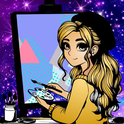 realistic girl artist painting a blank canvas